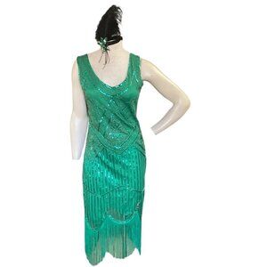 Flapper Roaring 20s Cosplay Costume Dress & Headdress Sz M Green 169C